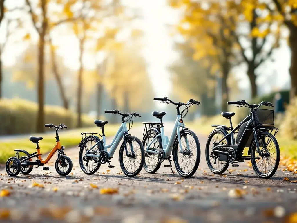 Vier Nederlandse adaptieve fietsen voor verschillende leeftijden, van kinderdriewieler tot seniorfiets, op fietspad