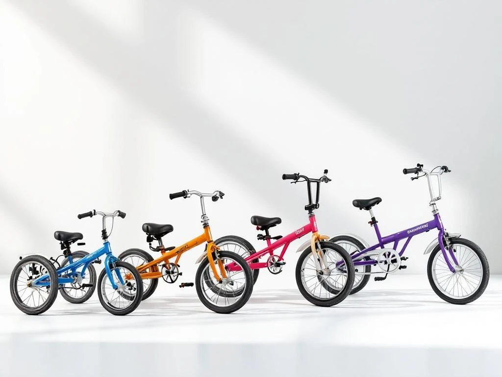 Adaptieve driewielers voor kinderen en volwassenen op rij gerangschikt van klein naar groot in blauw, oranje en groen