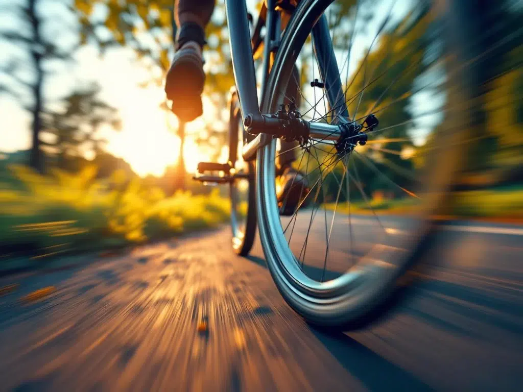 Wiel van volwassen driewieler in beweging op Nederlands fietspad tijdens gouden uur, met bewegingsonscherpte