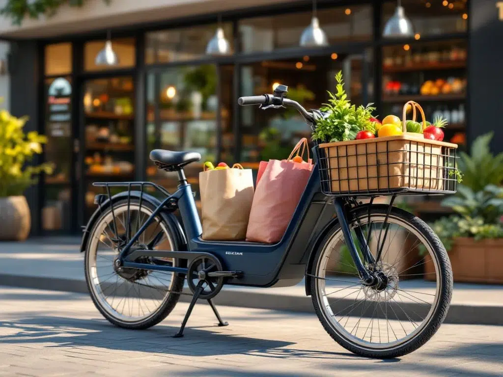 Moderne driewielige bakfiets met blauwe en zilveren afwerking, gevuld met boodschappentassen en verse groenten bij supermarkt