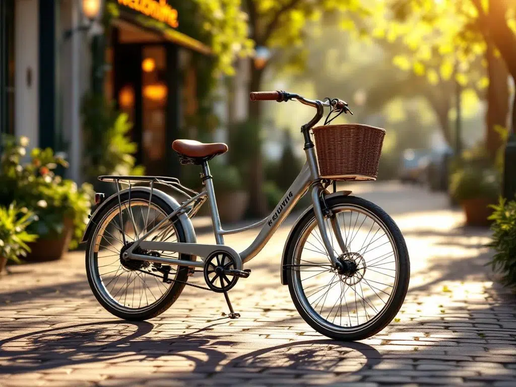 Elegante driewieler fiets met mand op kasseienpad in warm zonlicht, fietswinkel op achtergrond