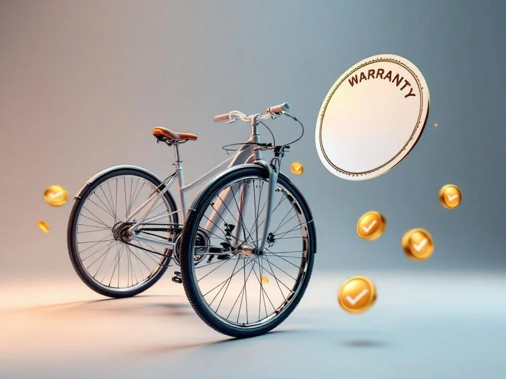 Driewieler fietsframe in blauw en zilver met garantiecertificaat en kwaliteitssymbolen op professionele achtergrond