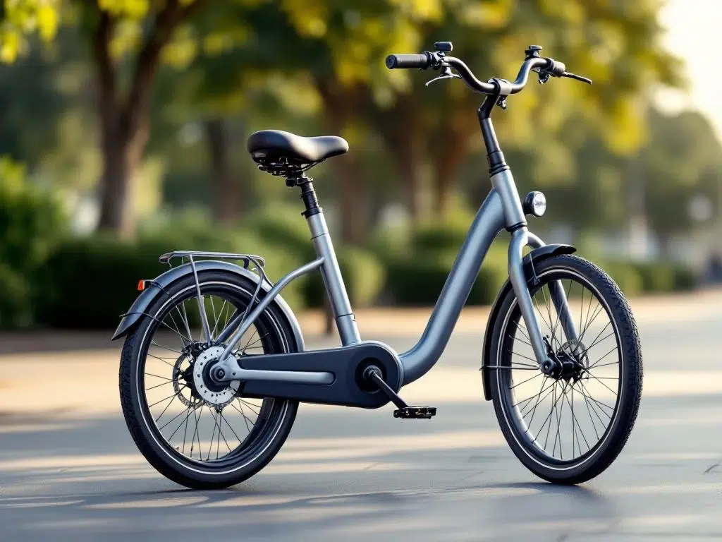 Moderne driewieler fiets met blauw-zilveren frame en twee achterwielen, gefotografeerd op straatstenen met park achtergrond