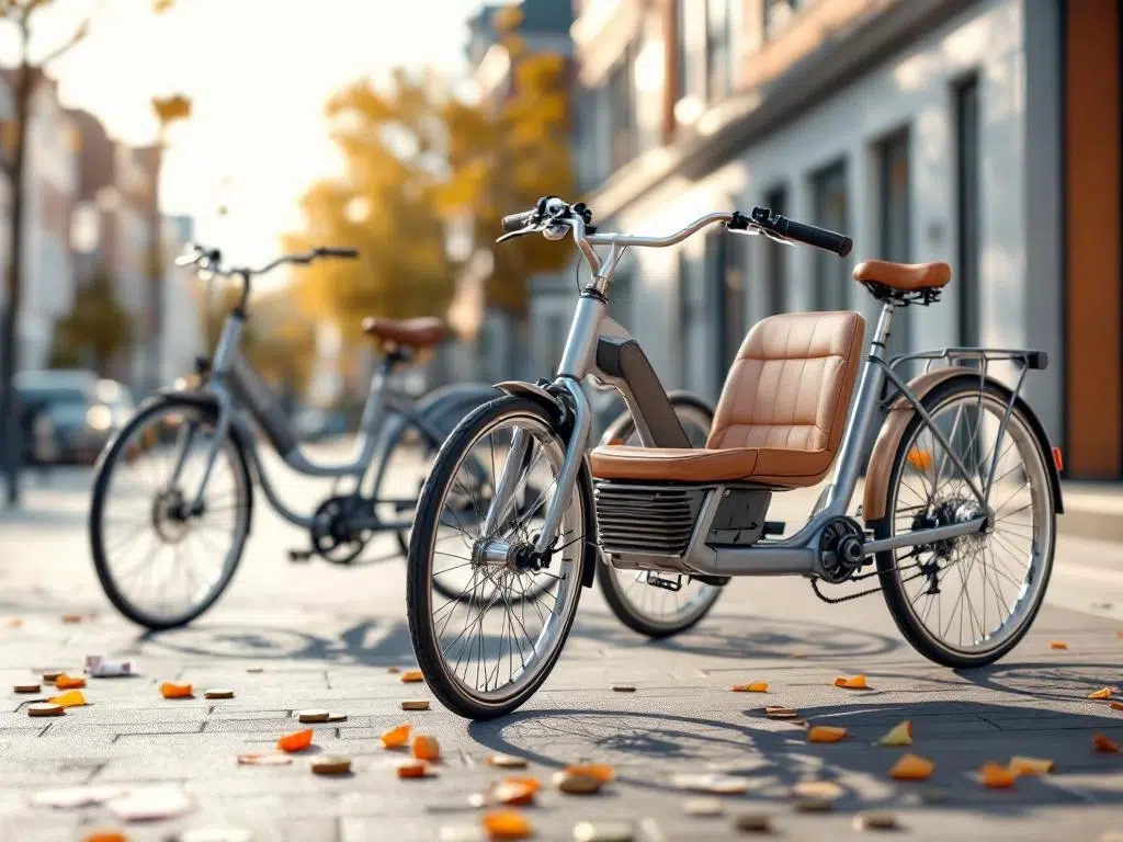 Drie driewielige fietsen in diagonale opstelling met premium details, blauwe en oranje accenten tegen moderne Nederlandse stadsachtergrond