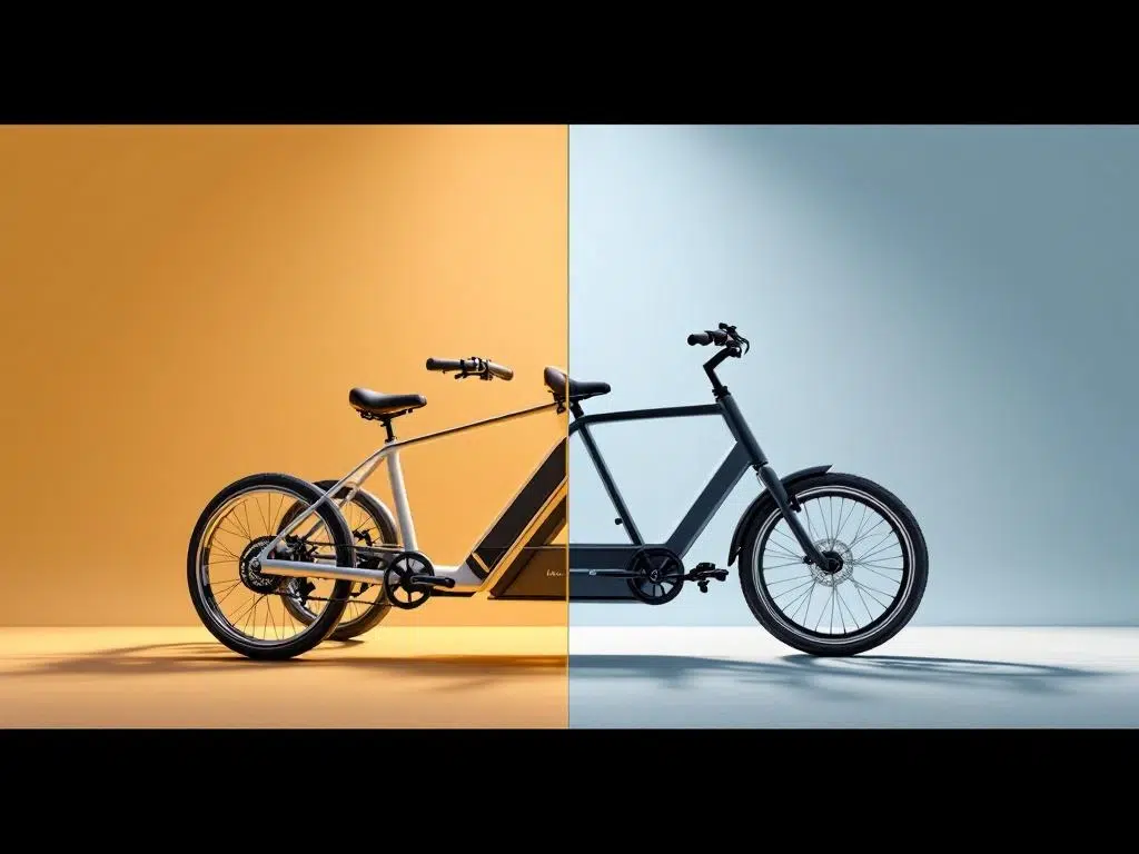 Moderne driewieler fiets in Nederlands design met split-screen weergave van stabiliteit en wendbaarheidskenmerken