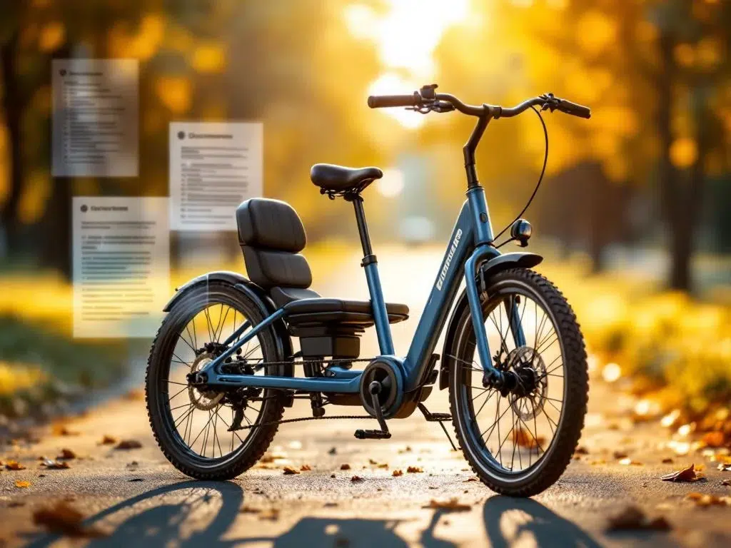 Moderne driewieler fiets met Nederlands design in gouden zonlicht op glad pad, zilveren frame met comfortabele zitting