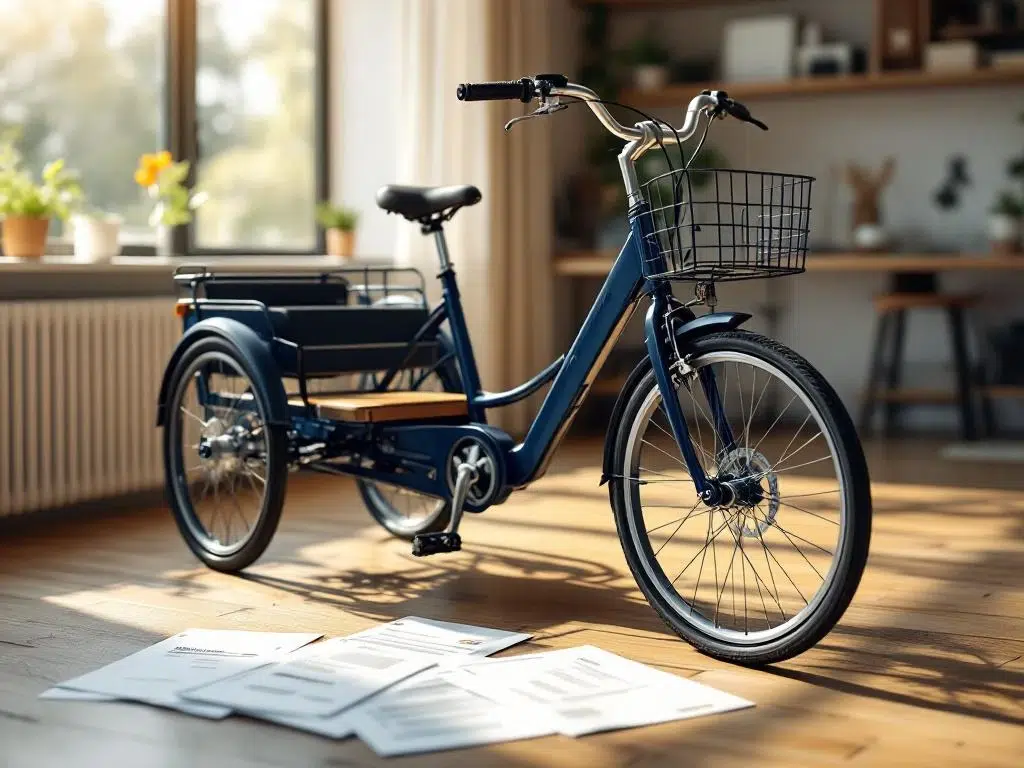 Moderne blauwe driewieler fiets op houten vloer naast Nederlandse overheidsdocumenten, natuurlijk licht door raam