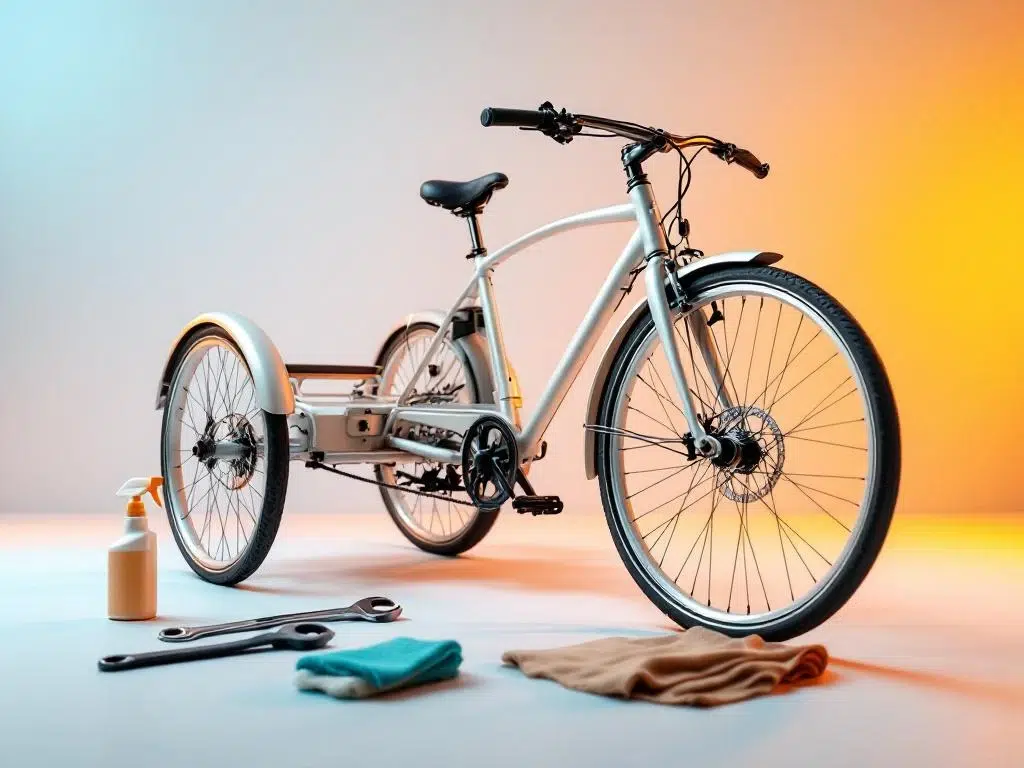 Driewieler fiets op witte ondergrond met onderhoudsgereedschap zoals sleutel, olie en doek in professionele setting