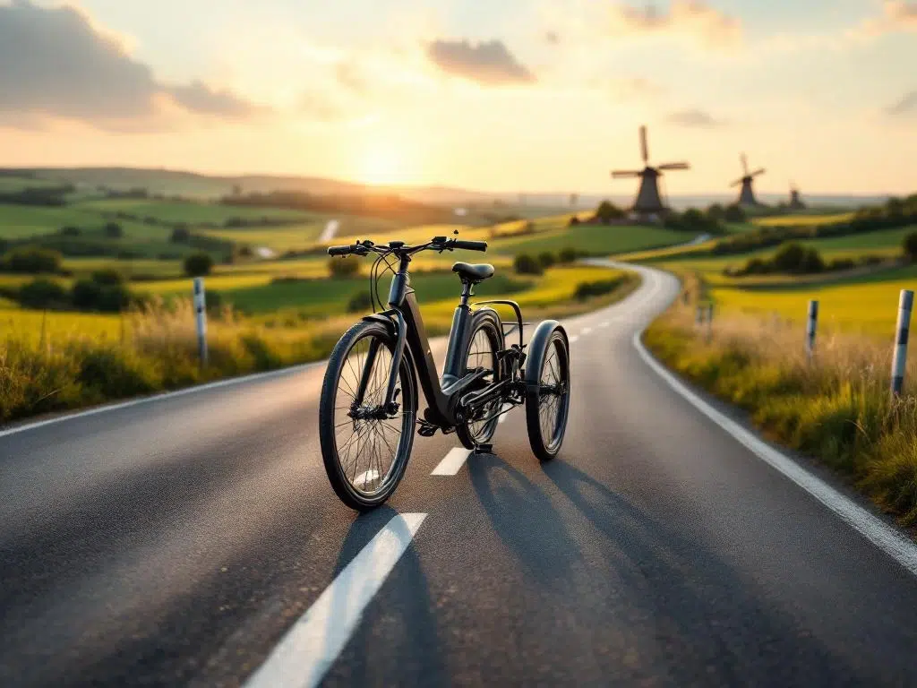 Moderne driewieler fiets op landelijk fietspad richting heuvels, Nederlandse molens op achtergrond, gouden uurtje verlichting