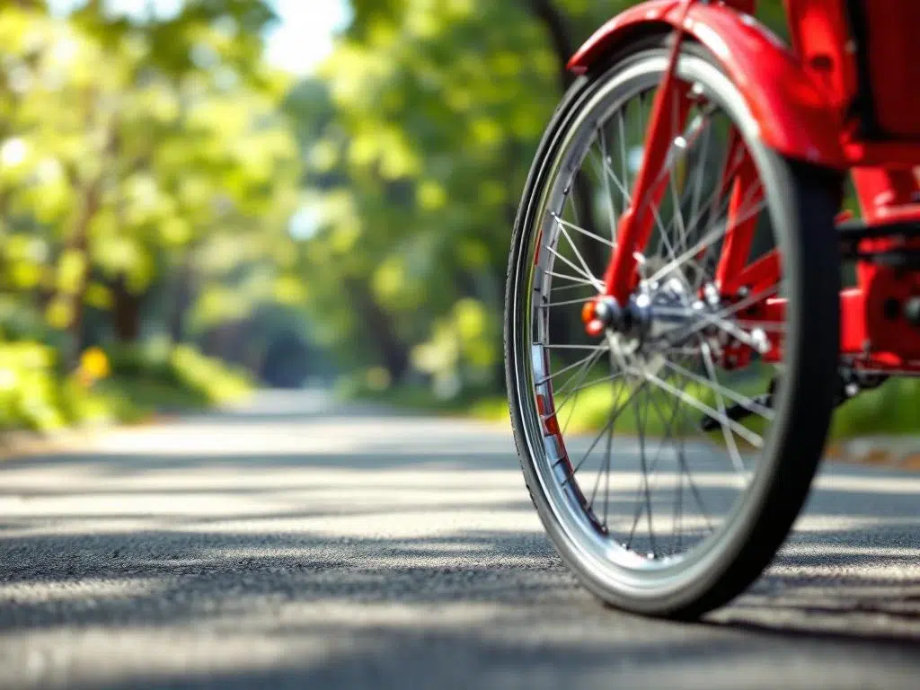 Rode driewieler fiets met dubbele achterwielen op asfalt, reflecterende strips zichtbaar, groene achtergrond