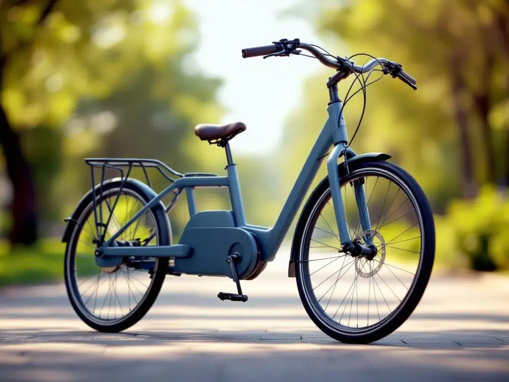 Moderne blauwe driewieler fiets met lage instap frame in zonlicht op parkpad, ontworpen voor senioren mobiliteit