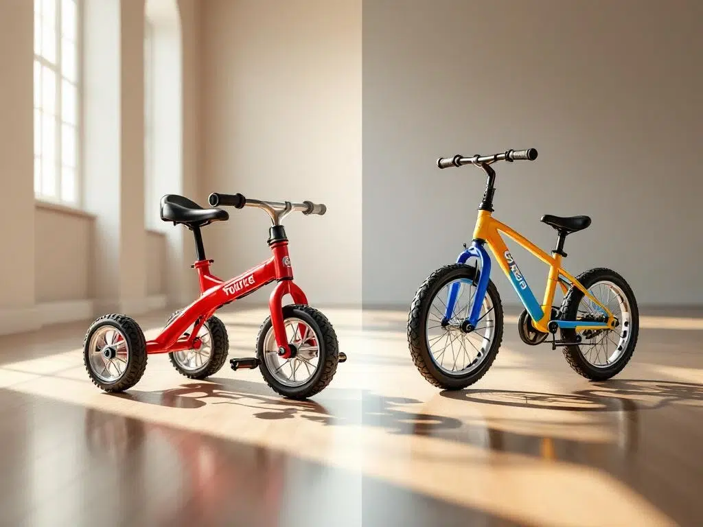 Rode driewieler en kleurrijke loopfiets naast elkaar op houten vloer in moderne kamer met natuurlijk licht