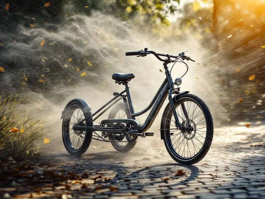 Stabiele driewieler op kasseien tijdens winderige omstandigheden met rondwervelde bladeren en buigend gras