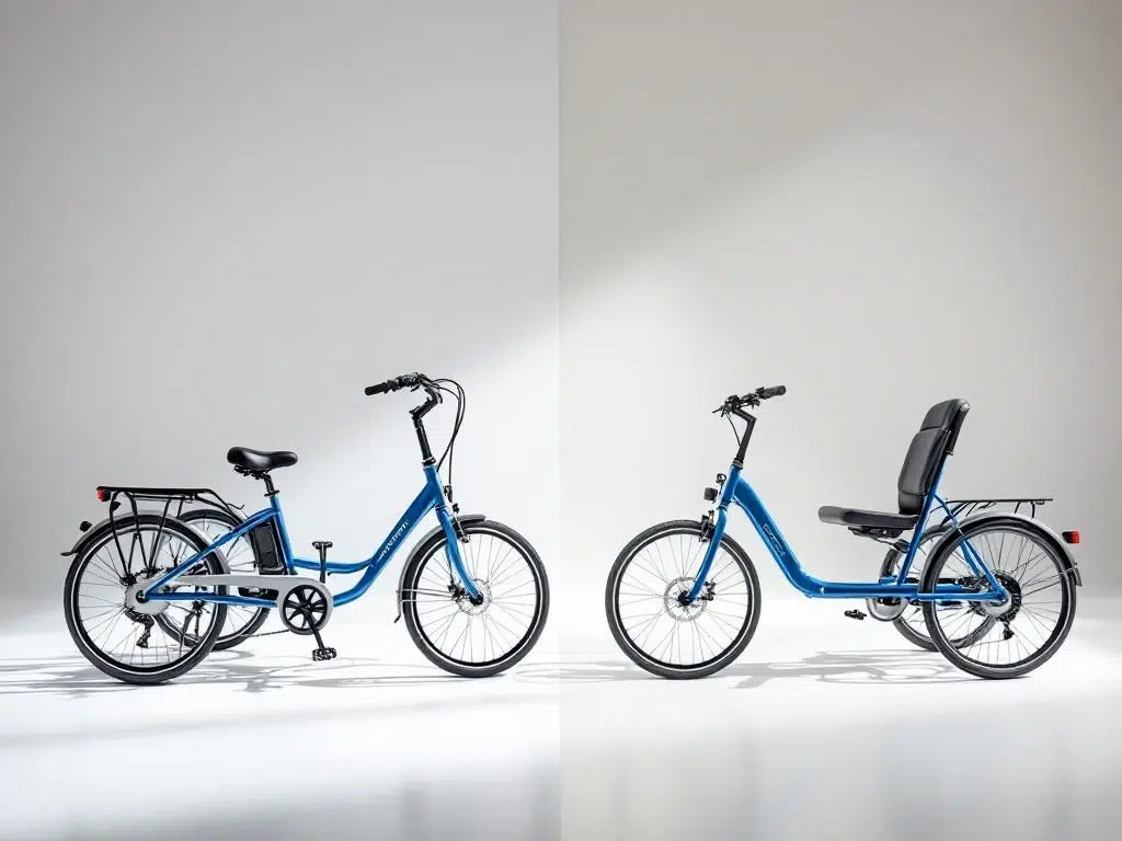 Vergelijking van traditionele driewieler en ligfiets driewieler in blauw en zilver op witte achtergrond