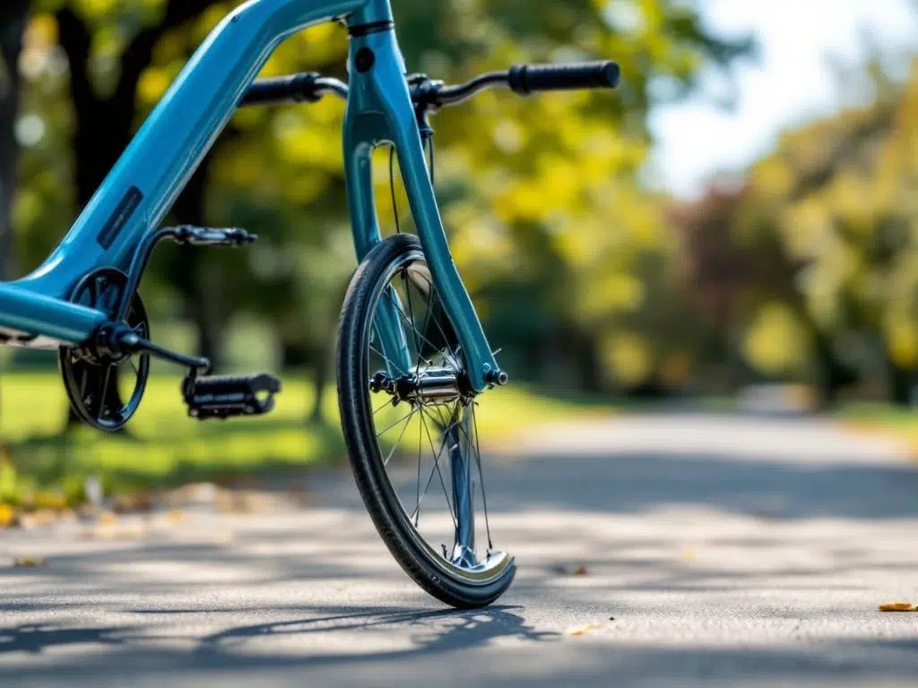 Moderne driewielfiets met blauwe frame en chromen details op parkpad, Nederlandse kwaliteit en mobiliteitsondersteuning