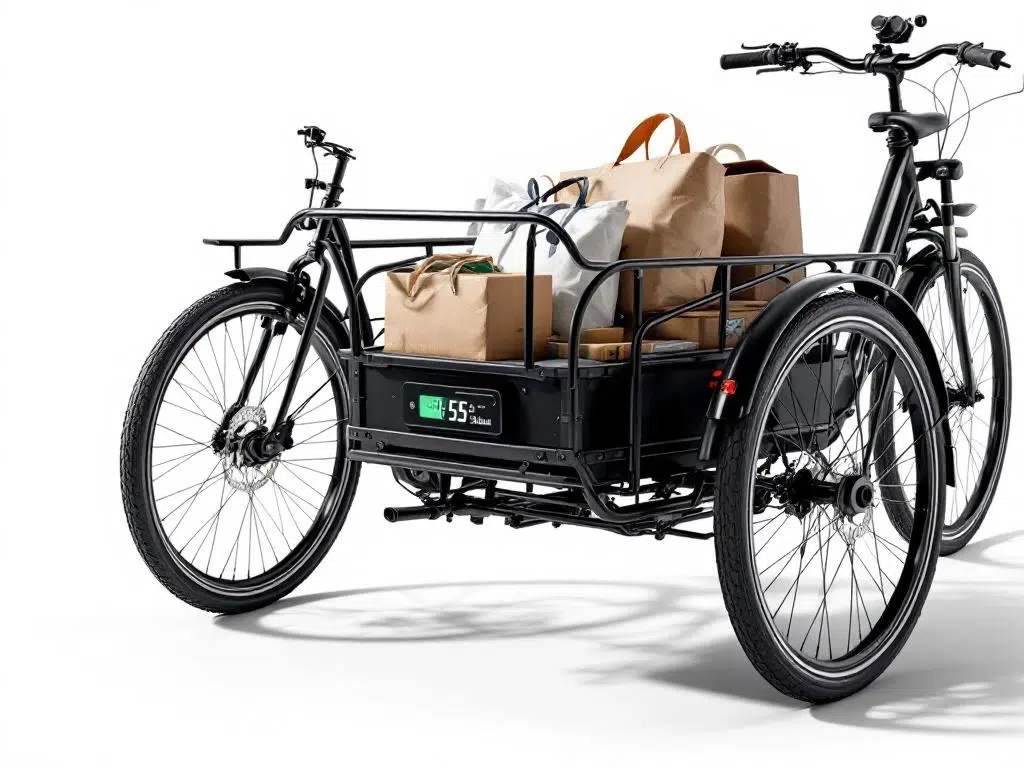 Driewieler bakfiets met digitale weegschaal en verstevigd stalen frame, geladen met boodschappentassen en dozen