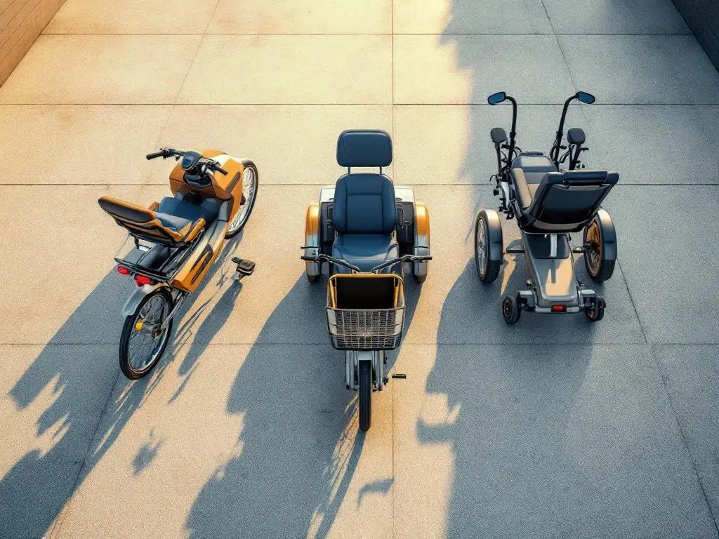 Drie verschillende driewielers in halve cirkel op beton: elektrische, traditionele en therapeutische fiets voor mobiliteit