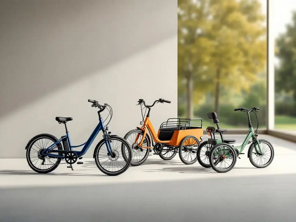 Drie tricycles in diagonale opstelling: blauwe volwassen driewieler, oranje cargo fiets en groene therapeutische fiets