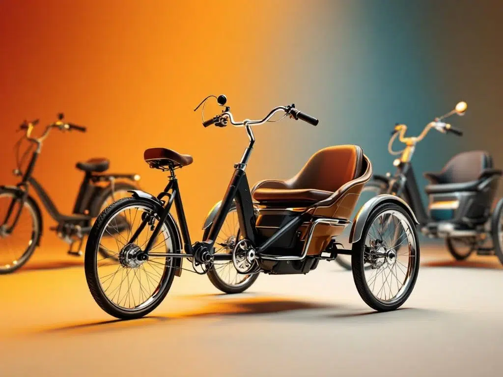 Drie driewielers in studioverlichting, moderne Nederlandse fiets op voorgrond, traditionele en aangepaste modellen op achtergrond