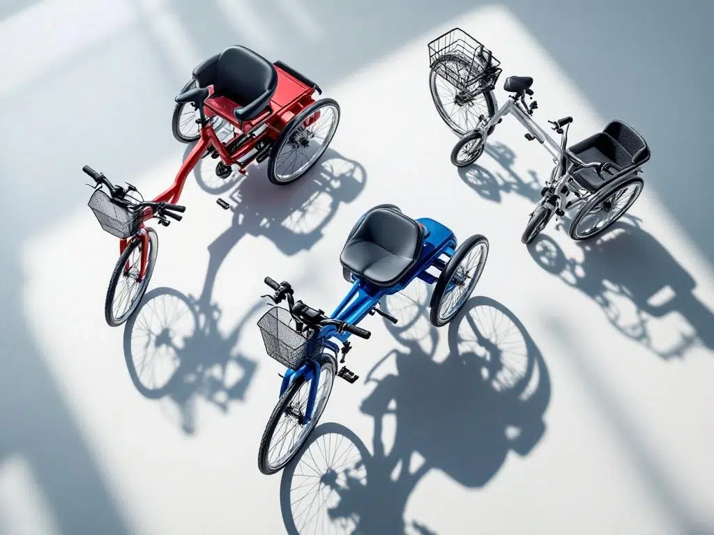 Drie verschillende driewielers in driehoekcompositie: blauwe Nederlandse driewieler, rode therapeutische en zilveren mobiliteitsfiets