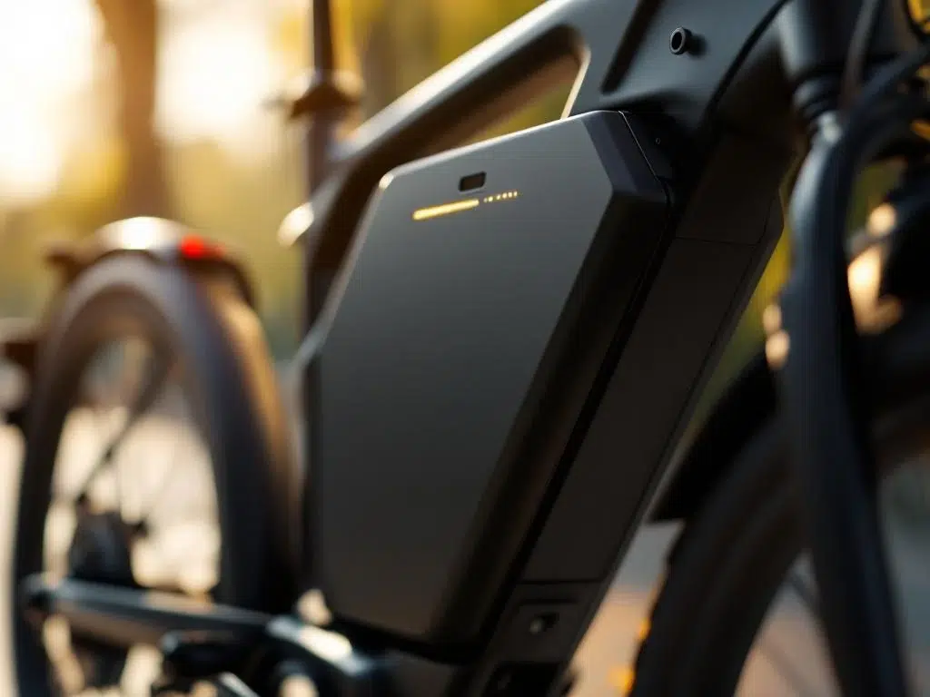 Zwarte batterij van moderne elektrische driewieler met LED-indicatoren, gemonteerd op metalen frame met hoogwaardige afwerking
