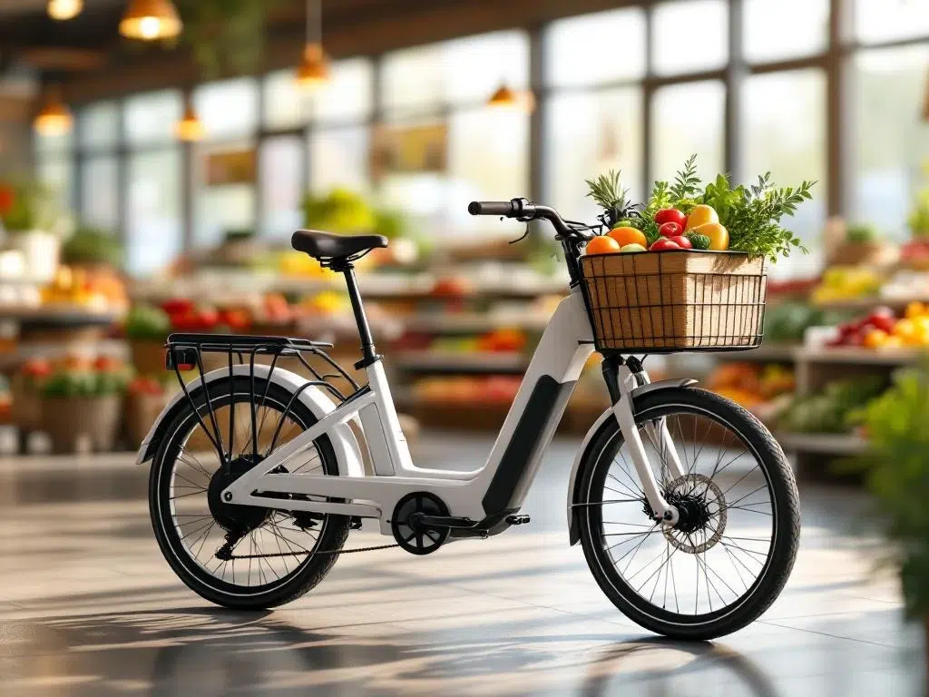 Witte en blauwe elektrische driewieler met boodschappen in winkelmandje, gepositioneerd in moderne supermarkt