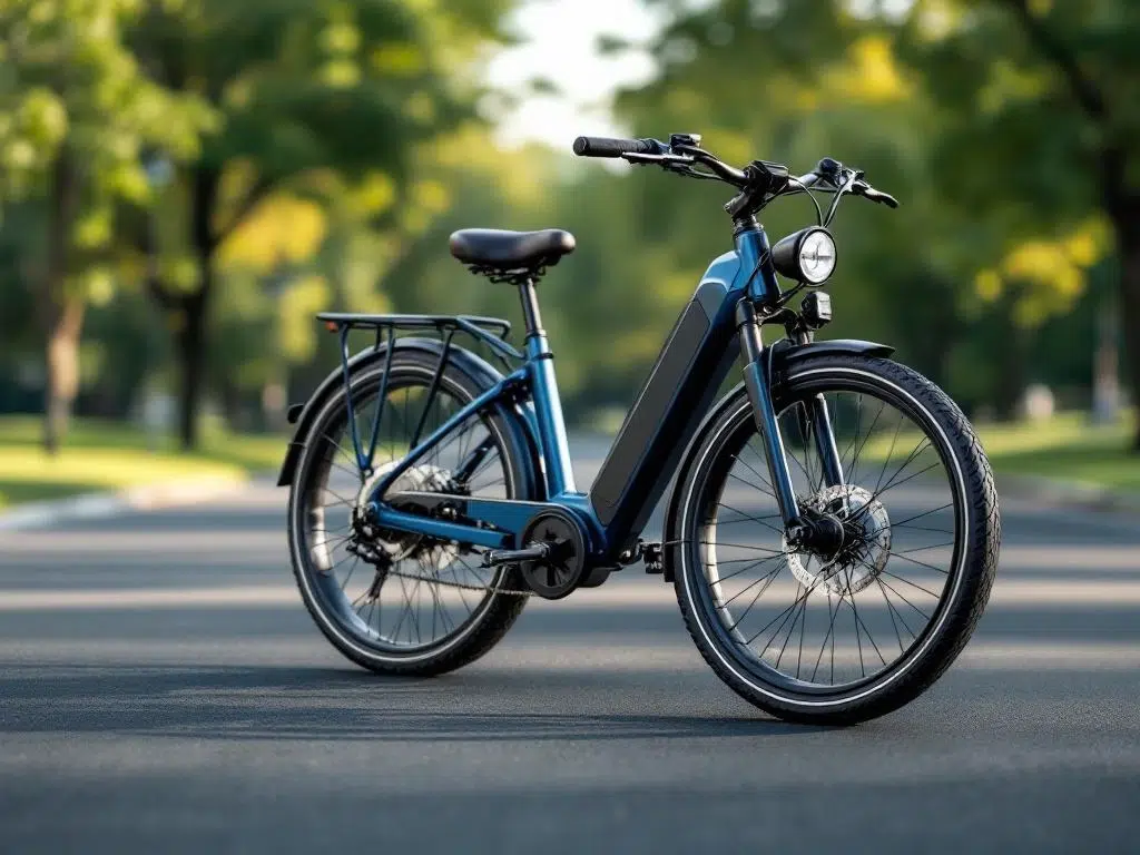 Moderne elektrische driewieler met laaginstap frame in donkerblauw op asfalt, park op achtergrond