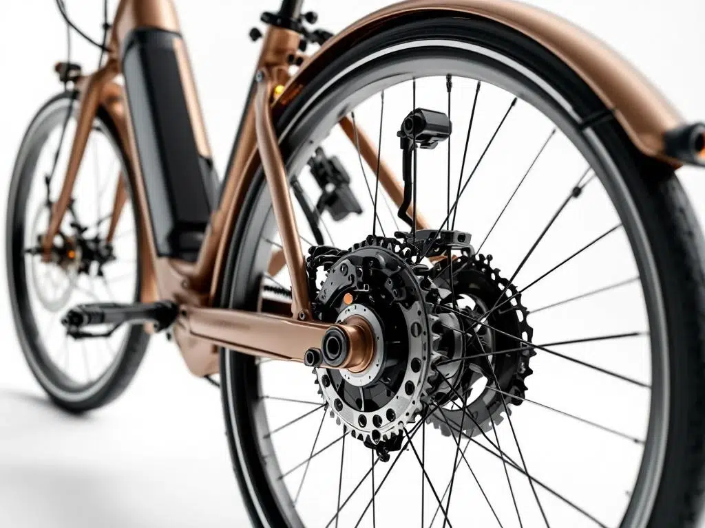 Moderne elektrische driewieler fiets met geïntegreerde motornaaf en elegante Nederlandse framedesign in studioverlichting