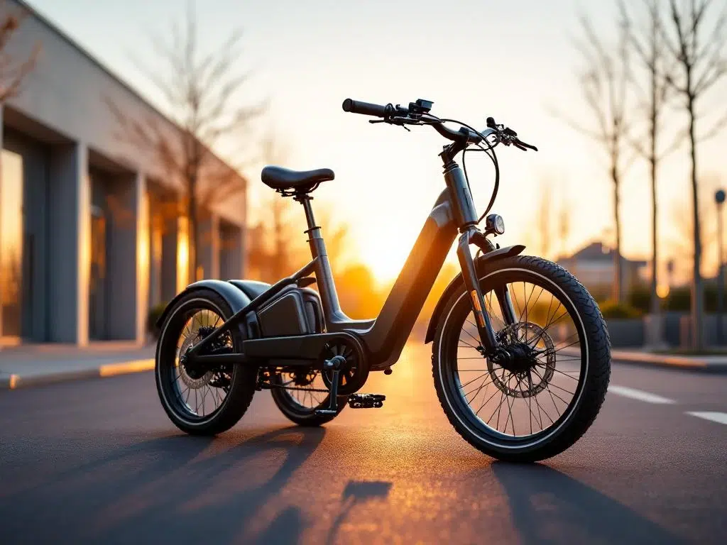 Moderne elektrische driewieler op asfalt met chromen details en gouden verlichting in Nederlandse stedelijke omgeving