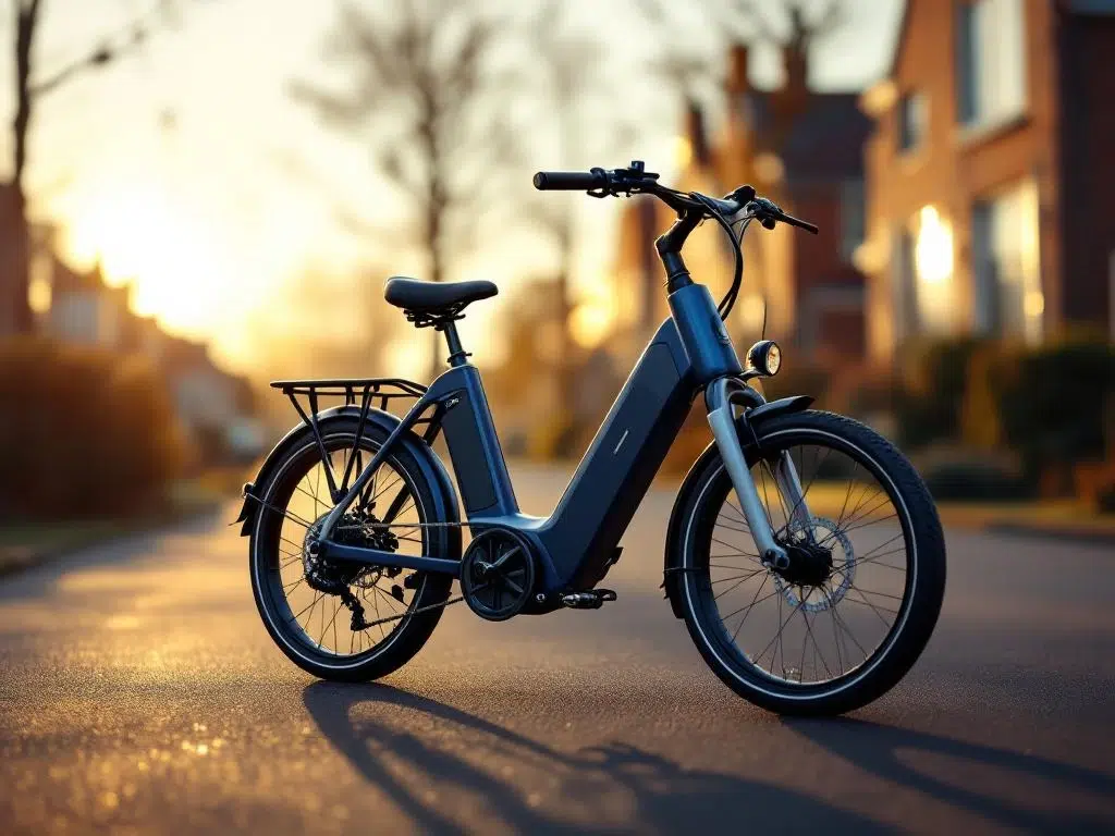 Moderne elektrische driewieler in marineblauw op asfalt met Nederlandse huizen op achtergrond bij gouden uur
