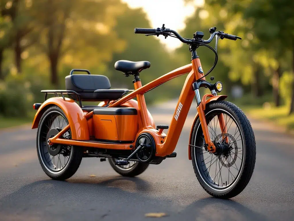 Oranje en zilveren elektrische driewieler met batterijpak op asfaltpad in park, gouden uurtje verlichting