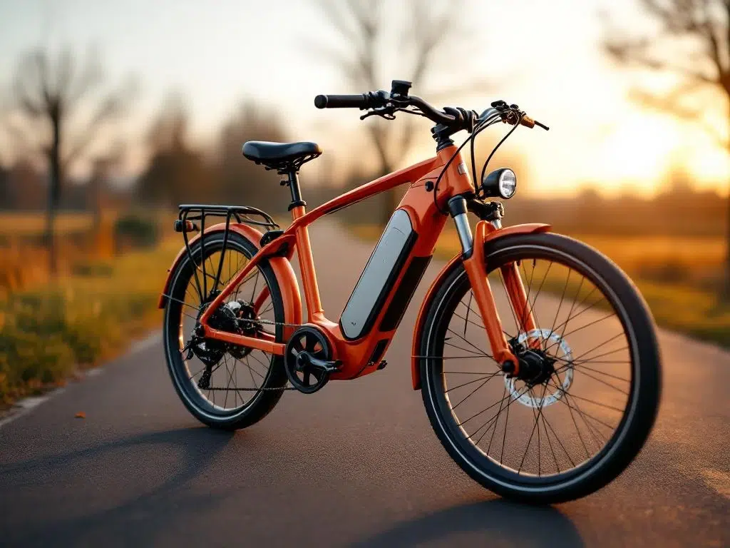 Elektrische driewieler fiets in oranje en zilver met batterij en digitaal display op Nederlands fietspad bij zonsondergang