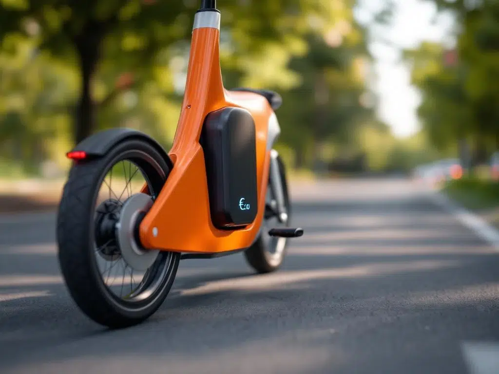 Oranje en zilveren elektrische driewieler fiets op asfalt met zichtbare motor, batterij en blauwe LED-indicatoren