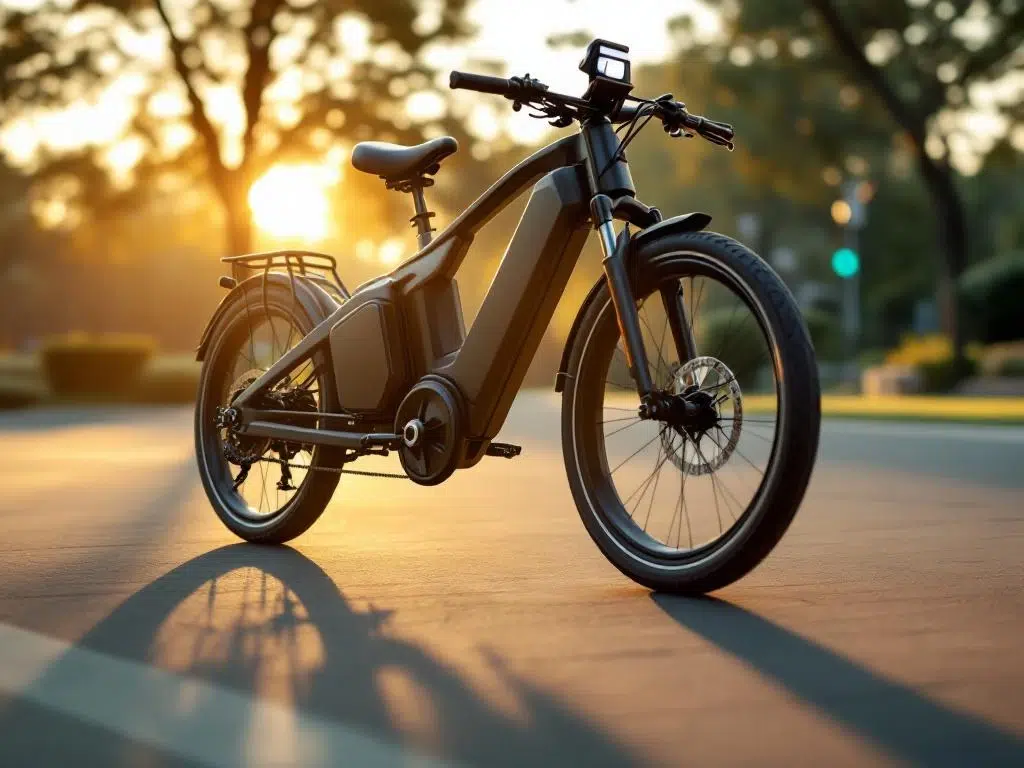 Moderne elektrische driewieler in beweging op stedelijk fietspad met gouden uurtje verlichting en parkachtergrond