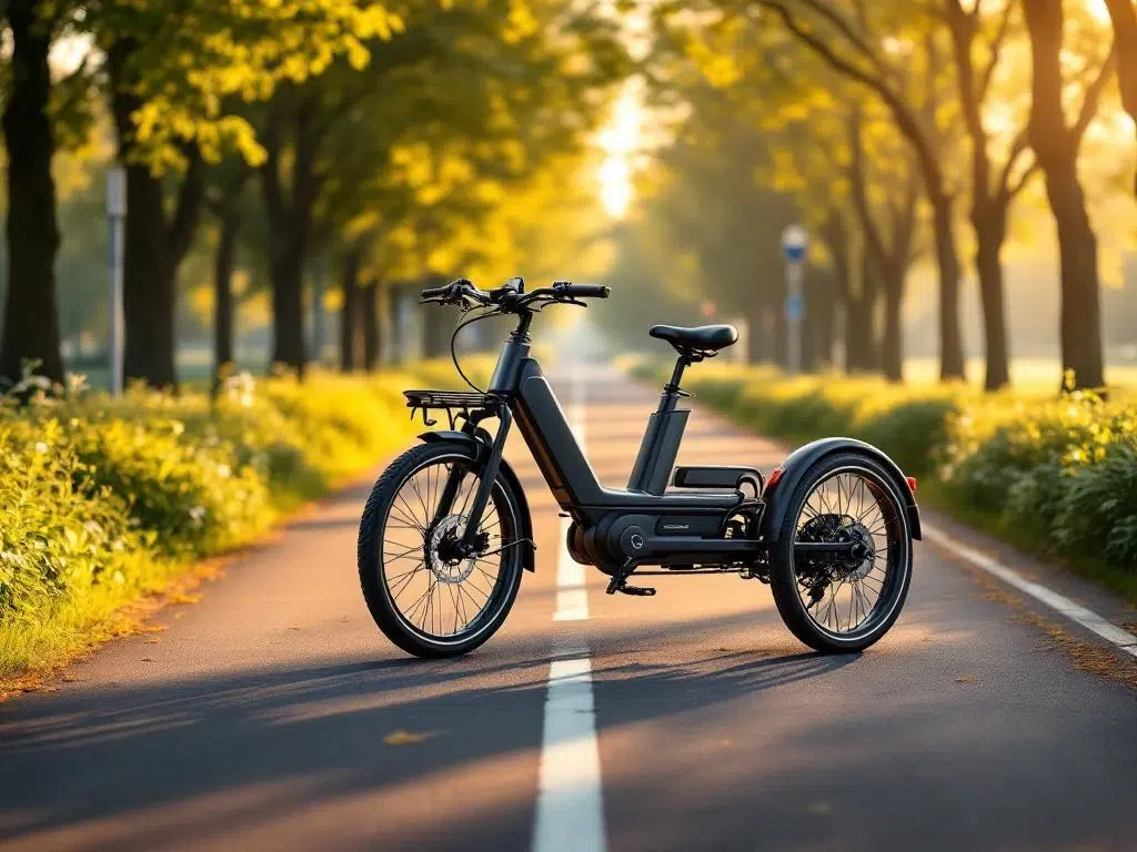 Moderne elektrische driewieler op rustig fietspad in Nederlandse landschap tijdens gouden uurtje