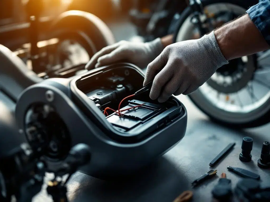 Handen in werkhandschoenen onderhouden elektrische driewieler met open batterijvak en gereedschap op werkbank