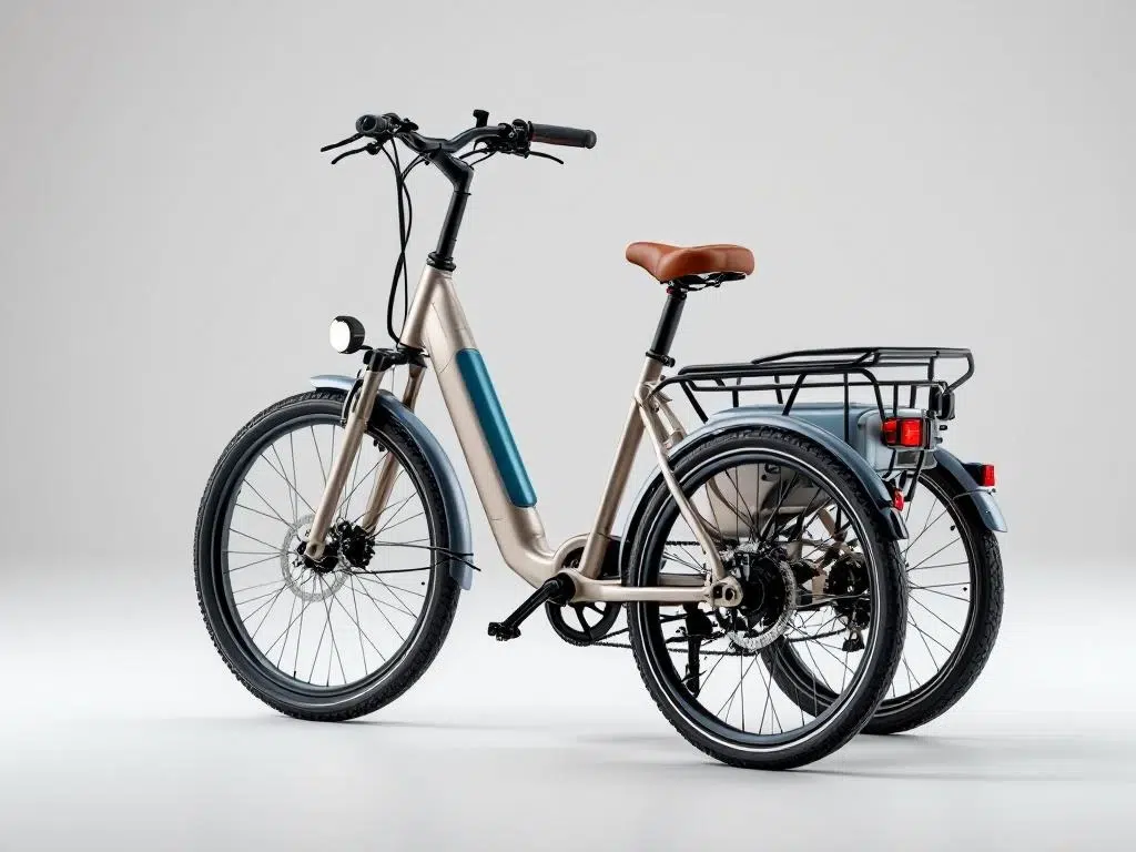 Moderne elektrische driewieler voor senioren met lage instap, zilver-blauw frame, motor en ergonomisch stuur op witte achtergrond