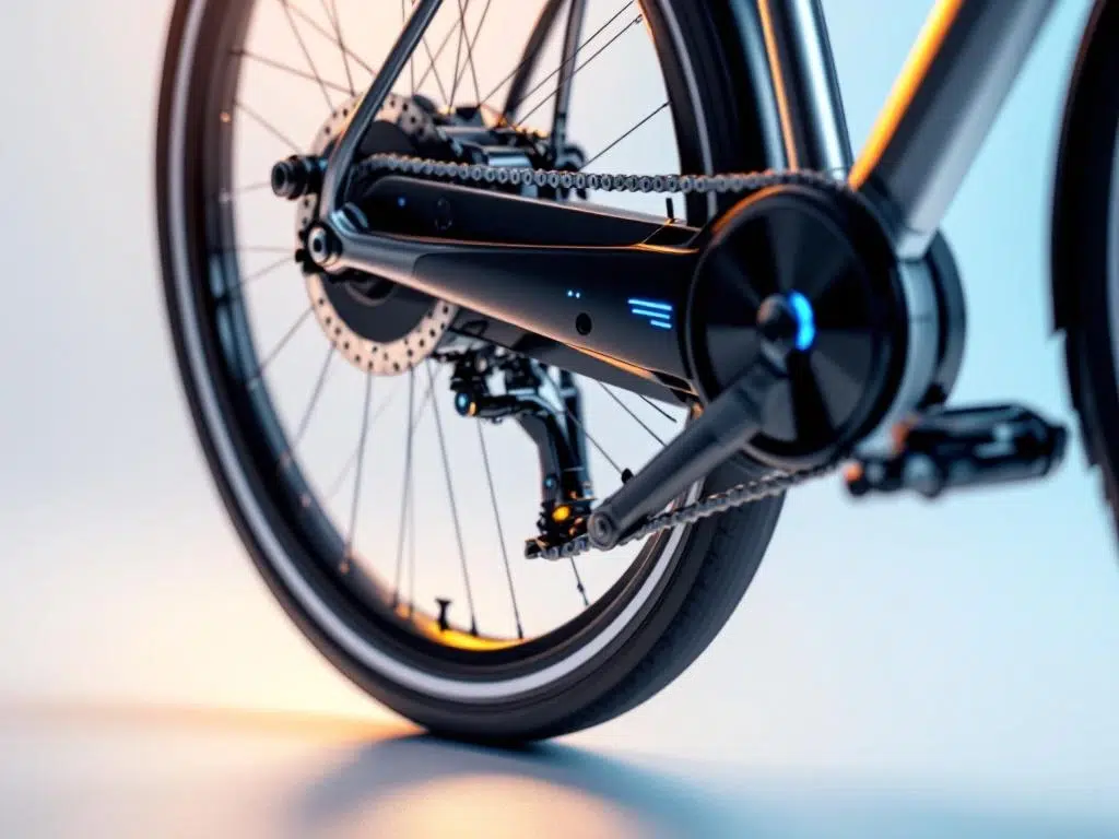 Elektrische driewieler fiets met pedaalondersteuning, chromen pedalen en blauwe LED-indicatoren in motorbehuizing achterwiel