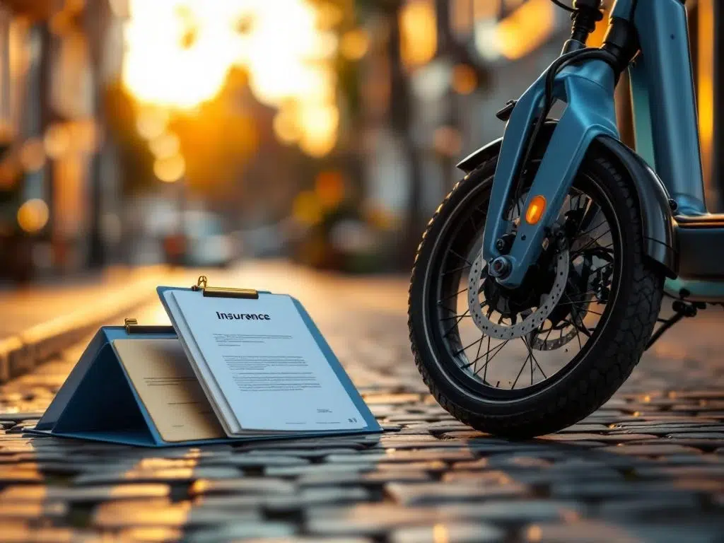 Moderne elektrische driewieler fiets geparkeerd op Nederlandse kasseienstraat met verzekeringspapieren op de achtergrond