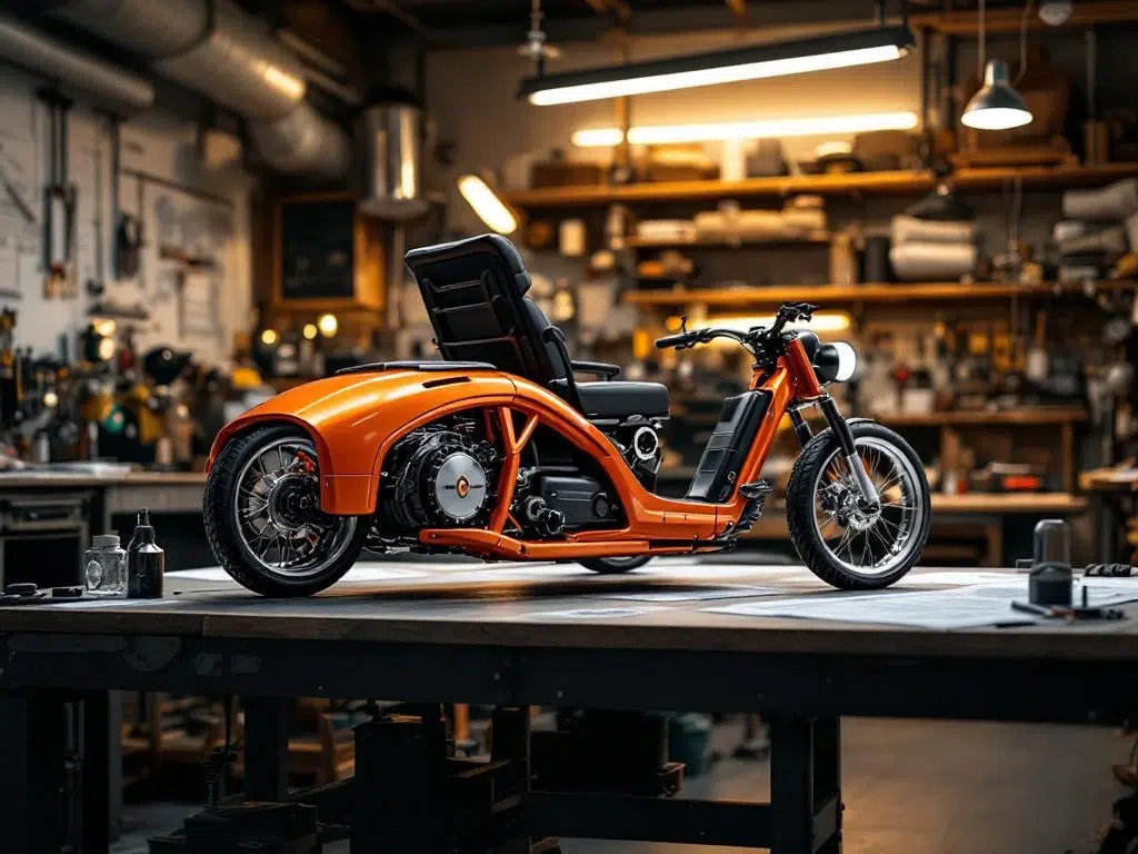 Oranje en zilveren elektrische driewieler op werkbank in workshop met gereedschap en technische tekeningen