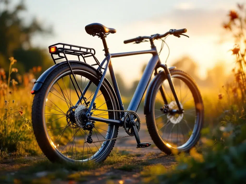 Verstevigd fietsframe met extra brede banden en lage instap in diepblauw, gefotografeerd in Nederlands landschap