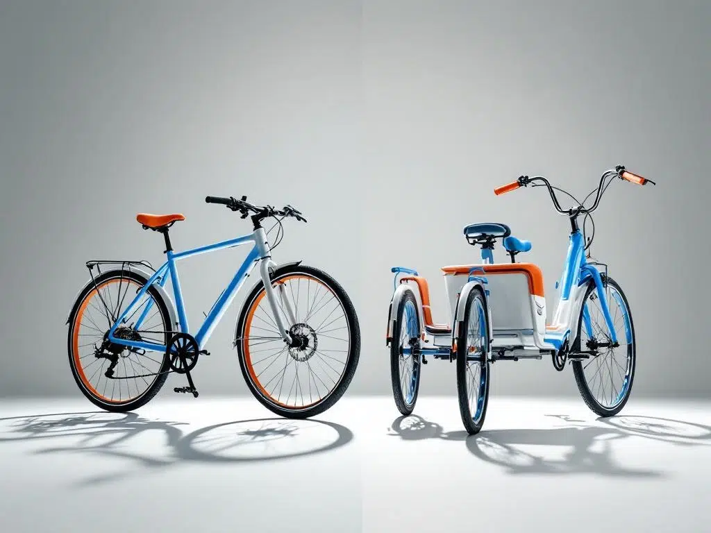 Traditionele twee-wielige fiets en driewielige fiets zij aan zij, witte frames met blauwe en oranje accenten