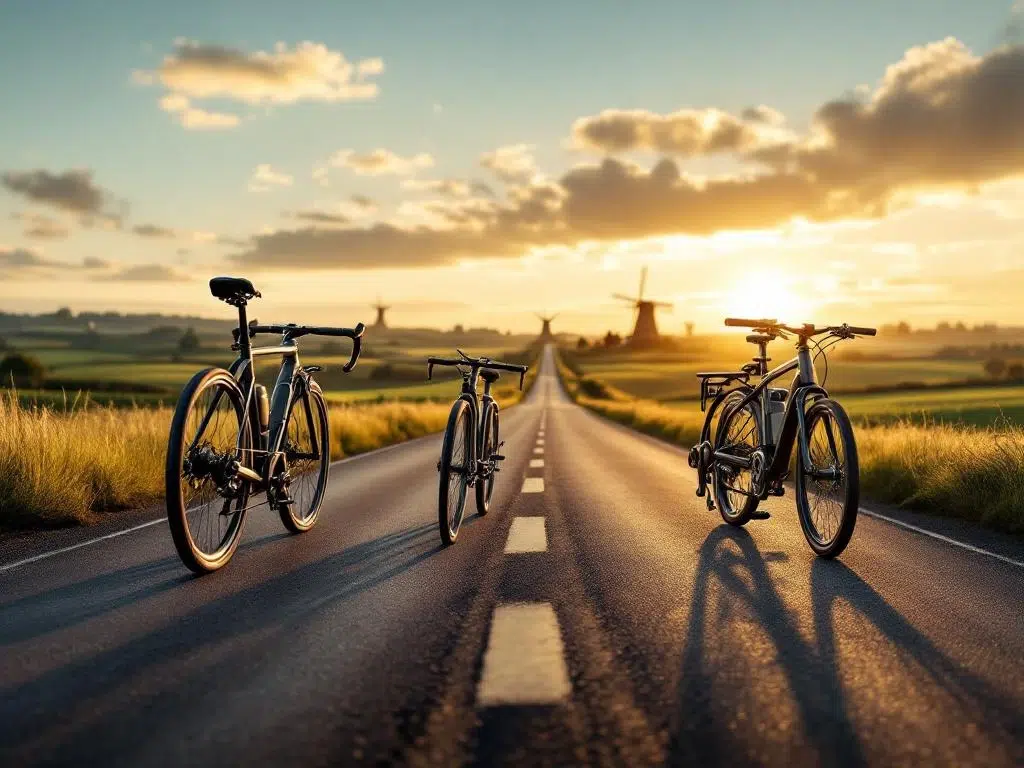 Drie fietsen op landelijk fietspad door Nederlands landschap met windmolens en heuvels in gouden avondlicht