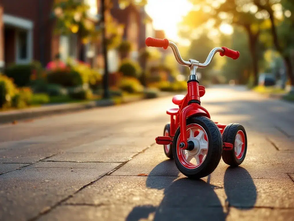 Rode driewieler op betonnen stoep in Nederlandse woonwijk met bakstenen huizen tijdens gouden uur