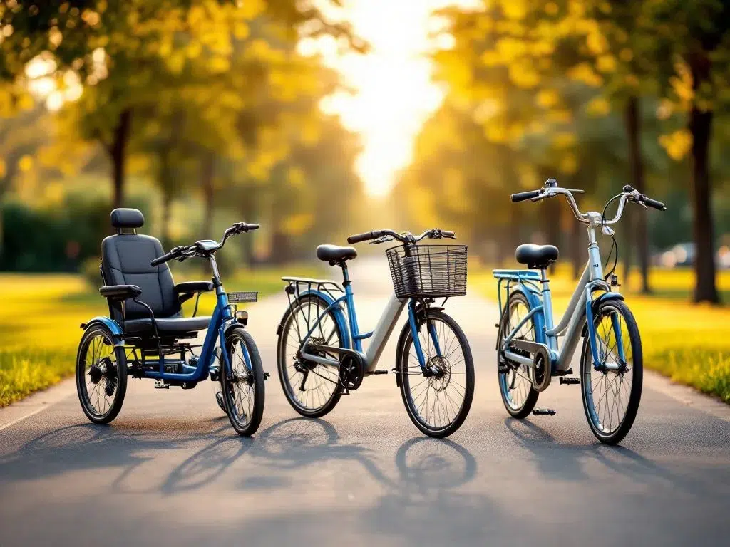 Drie gespecialiseerde fietsen voor senioren: driewieler, elektrische fiets en tandemfiets op parkpad in gouden licht