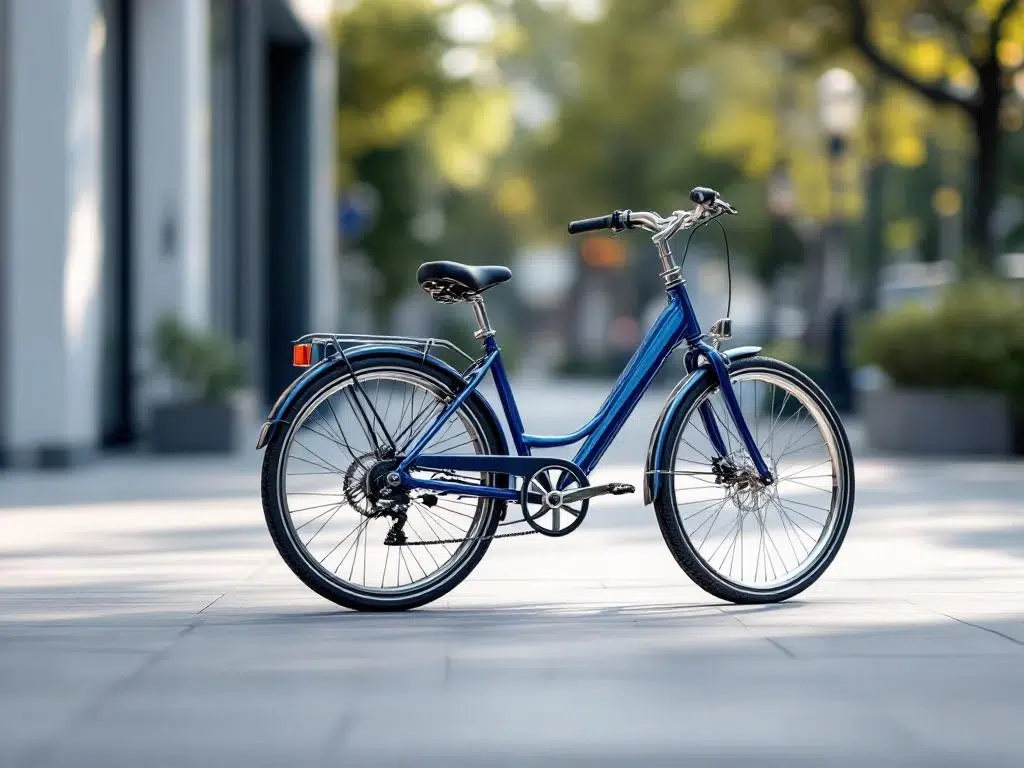 Volwassen driewieler met blauwe metallic afwerking en chromen accenten op betonnen ondergrond in Nederlandse stedelijke omgeving