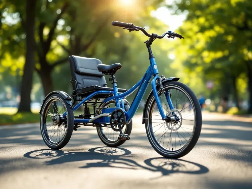 Volwassen driewieler in beweging op fietspad met bomen, blauw-zilveren frame, zonlicht door bladeren, actieve levensstijl
