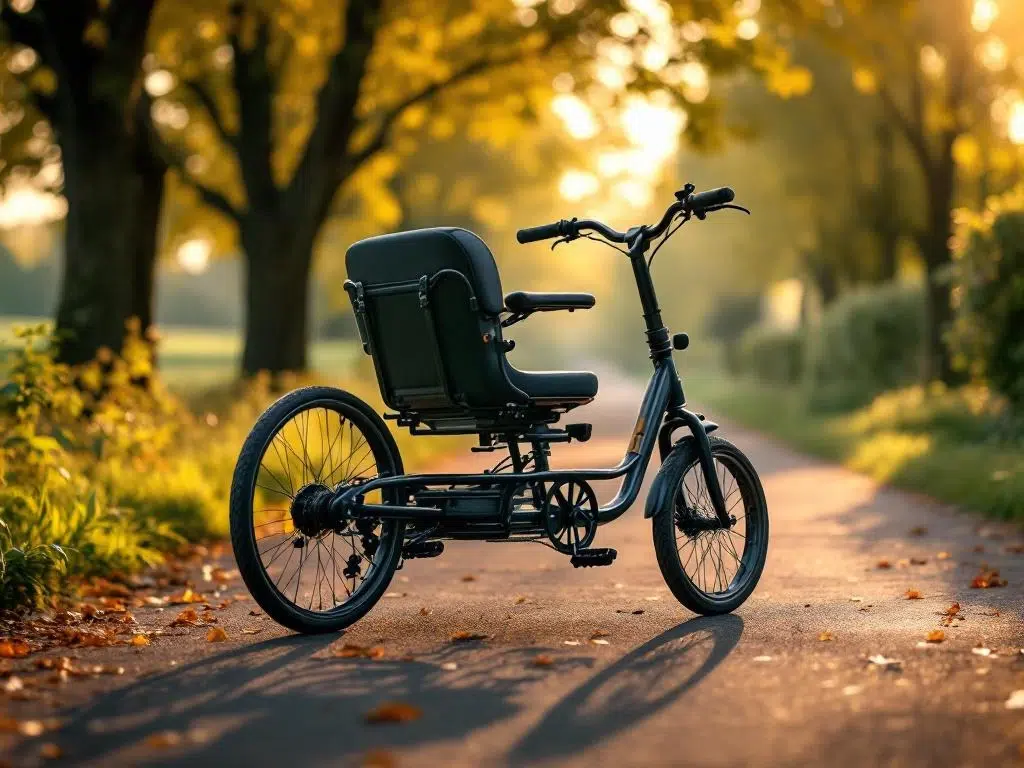 Volwassen driewieler met veiligheidskenmerken op boomrijke pad in Nederlands platteland tijdens gouden uur