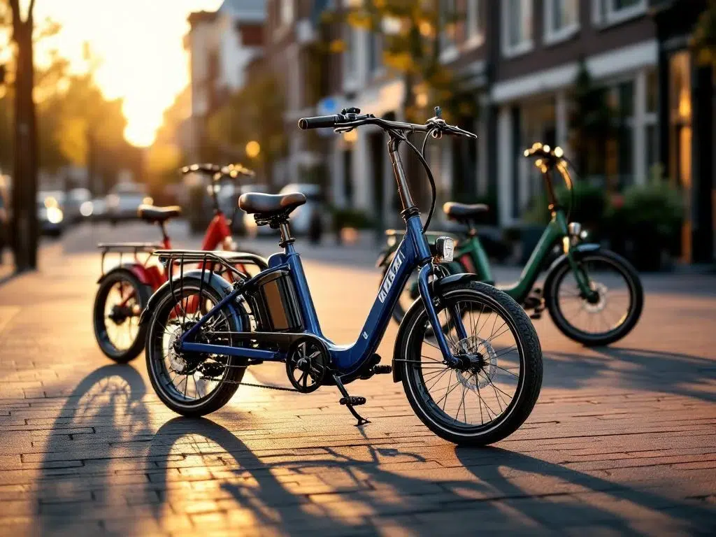 Drie elektrische driewielers op betonnen straat: blauwe voorgrond, rode en groene achtergrond, gouden uurlicht