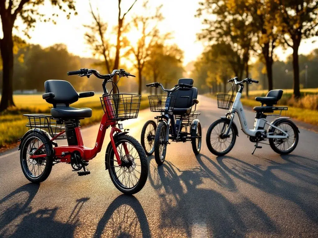 Drie moderne volwassen driewielers op asfalt: rode, marineblauw met mand, en zilveren model in Nederlands landschap